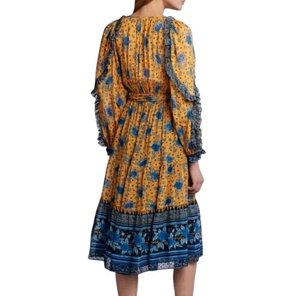 Ulla Johnson Romilly Silk Floral Orange Blue Long Sleeve Midi Dress Size 4 - Picture 10 of 14
